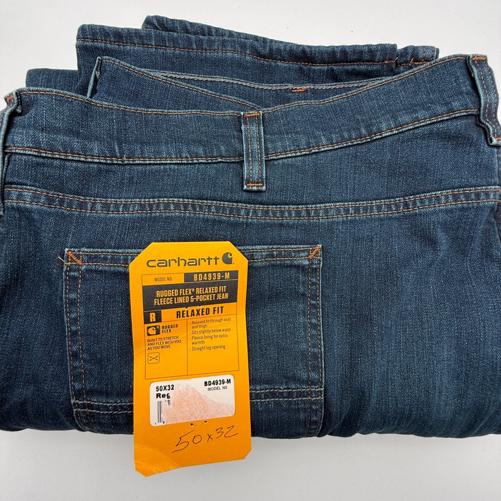 Carhartt Rugged‎ Flex Relaxed Fit Fleece Lined Jean 50x32 Blue BD4939-M Mens New